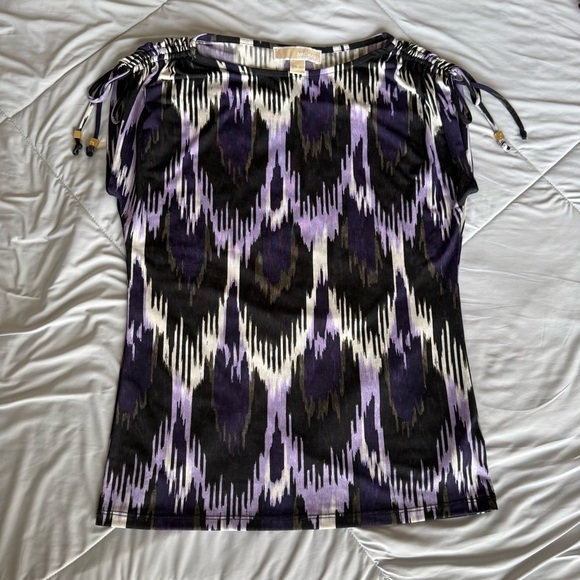 MICHAEL Michael Kors Tops - MICHAEL Michael Kors Black Purple Patterned Blouse Tank Cinched Shoulder Tassel